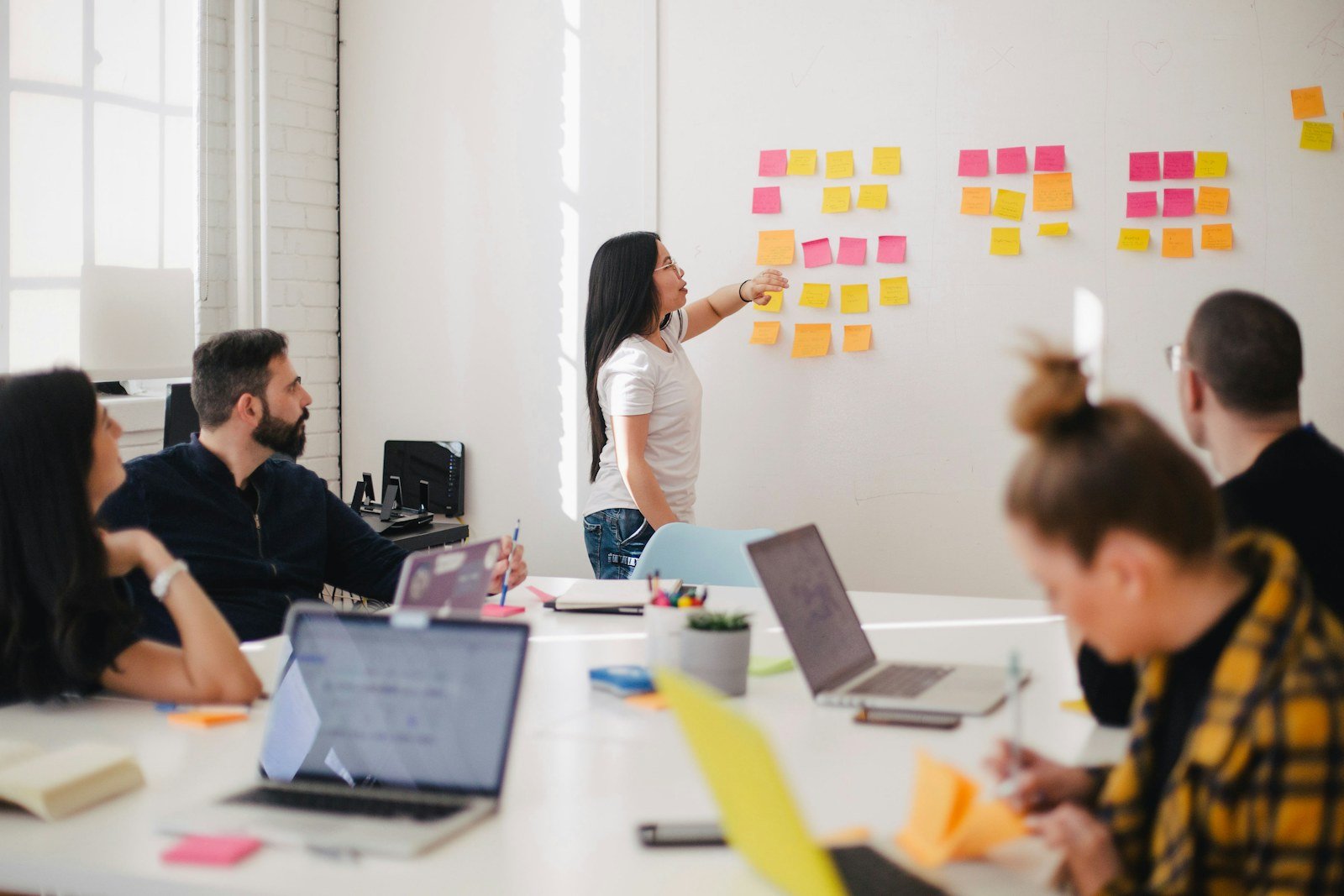 Team mapping work on a wall with sticky notes